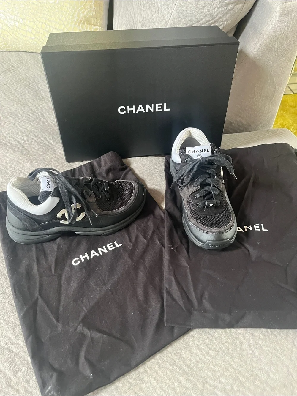 CHANEL Black Mesh and Leather Men's Sneakers
